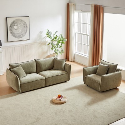Modern 3-Seater + 1-Seater Linen Fabric Sofa Set with Wooden Frame and 3 Pillows