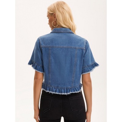 INSPIRE CHIC Women's Turndown Collar Short Sleeve Denim Lightweight Ruffle Cropped Jean Jacket Small Blue — фото 3
