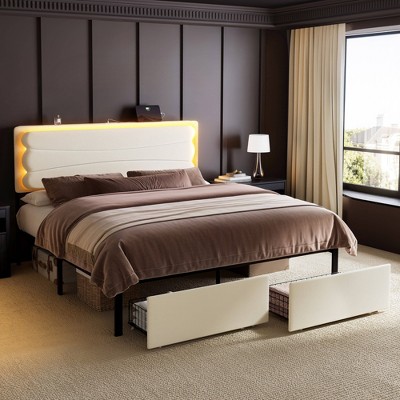 WOWLIVE Upholstered Bed Frame with Adjustable Headboard and 2 Storage Drawers, Velvet Platform Bed Frame with Charging Station and LED, Beige & Grey