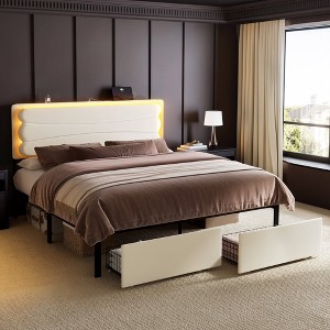 WOWLIVE Upholstered Bed Frame with Adjustable Headboard and 2 Storage Drawers, Velvet Platform Bed Frame with Charging Station and LED, Beige & Grey - 1 of 4