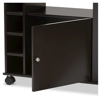 Dark Brown Rubberwood Mobile Wine Bar Cabinet with Storage