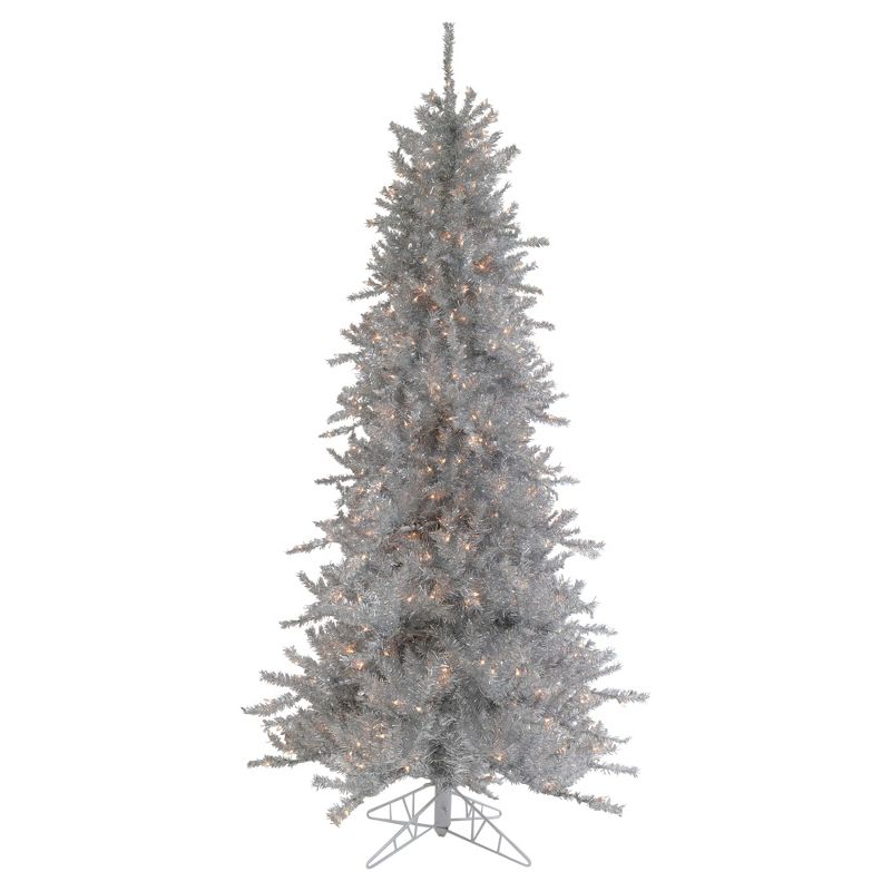 Northlight 7.5' Pre-Lit Silver Tinsel Pine Slim Artificial Christmas Tree - Clear Lights, 1 of 7