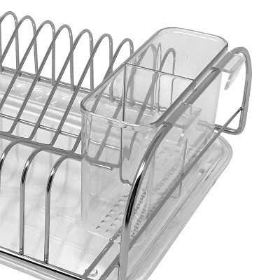 Compact Silver Metal Dish Drainer with Utensil Cup