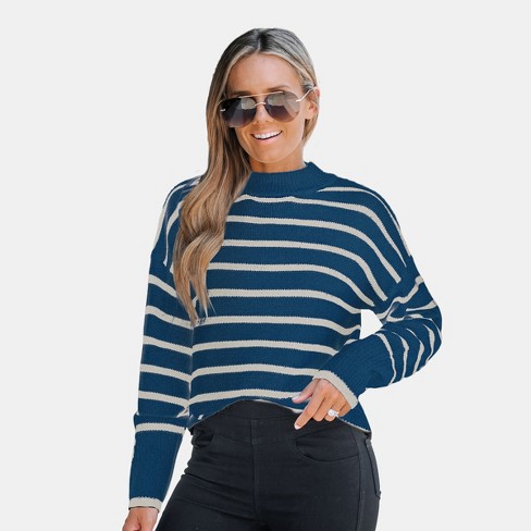 Women's Striped Turtleneck Drop Sleeve Sweater - Cupshe-L-Blue