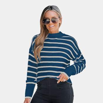 Women's Striped Turtleneck Drop Sleeve Sweater - Cupshe
