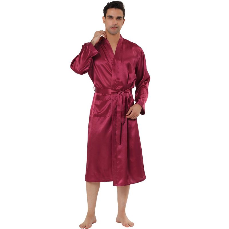 Lars Amadeus Mens Satin Robe Sleep Solid Nightdress Long Sleeve Sleepwear Pajama Dress Bathrobe, 1 of 5