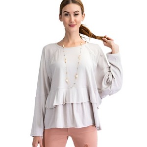 Slickblue Women's Lace Trim Tunic Top, Dolman Long Sleeves, Tiered Ruffle Hem, Cotton, Dusty Rose/Light Grey, Size S-L - 1 of 4