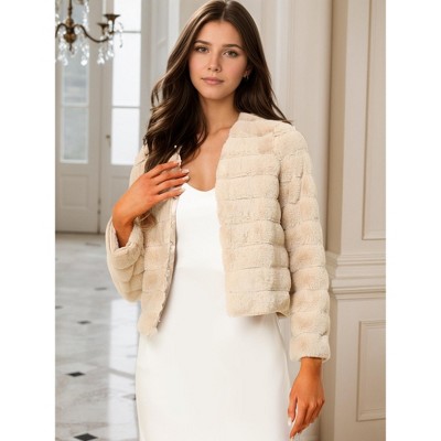 Allegra K Women's Winter Cropped Fluffy Long Sleeve Collarless Faux Fur Coat X-Small Apricot — фото 3
