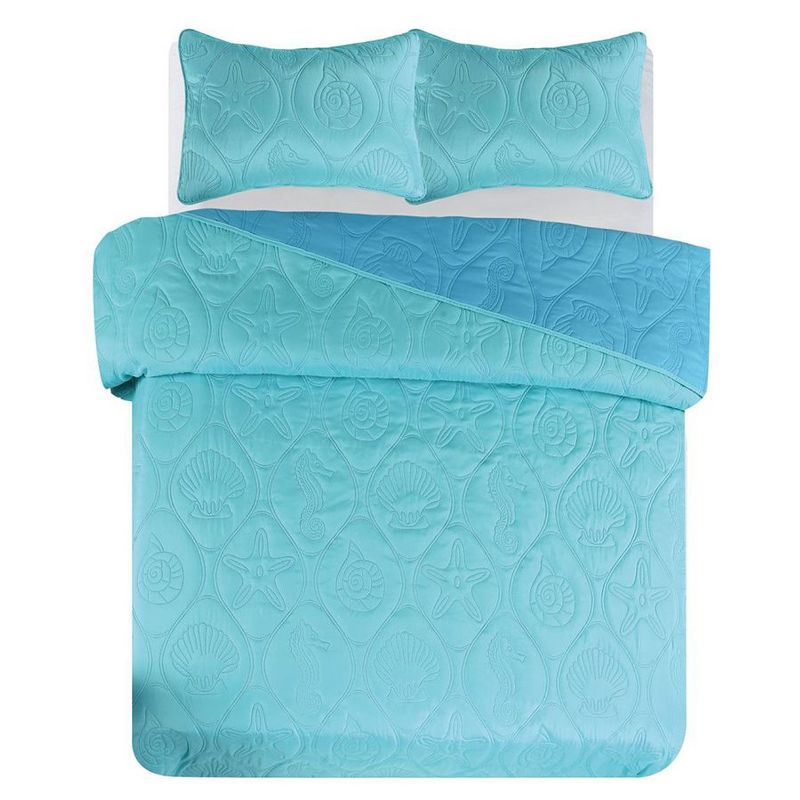 Legacy Decor 3 PCS Shell & Seahorse Stitched Pinsonic Reversible Lightweight Bedspread Quilt Coverlet, 2 of 7