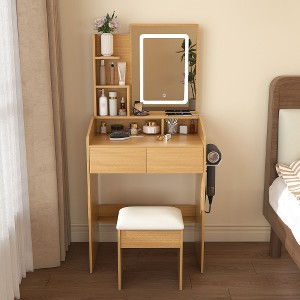 TOBILI Vanity Table with LED-Illuminated Mirror, Power Outlet,Compact Dressing Desk for Small Bedrooms(Wood) - 1 of 4