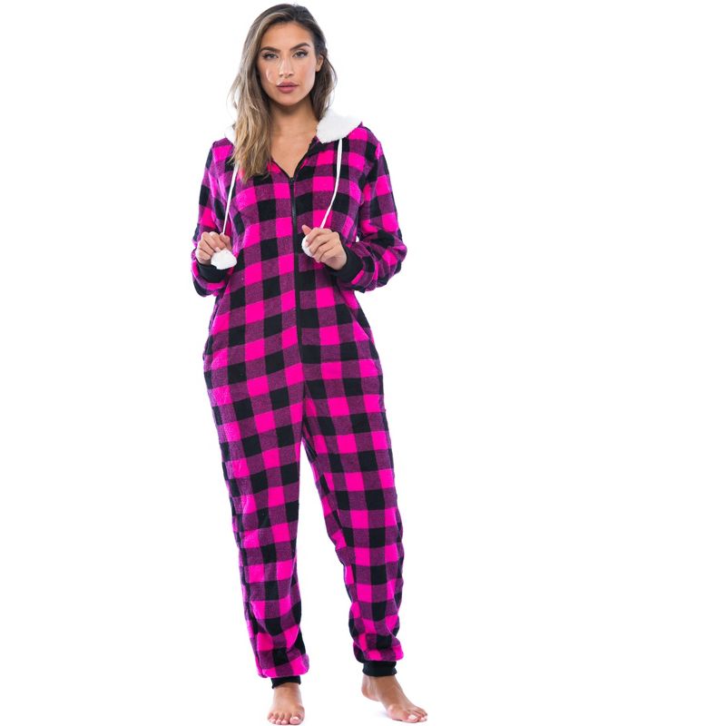 Just Love Womens One Piece Buffalo Plaid Adult Onesie Faux Sherling Lined Hoody Pajamas, 4 of 5