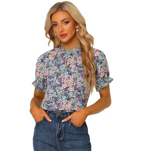 INSPIRE CHIC Women's Ruffled Short Sleeve Floral Mock Neck Summer Top - 1 of 4