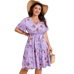 YESFASHION Women Plus Size V Neck Wrap Dress High Waisted Short Sleeves Casual Summer Midi Dress with Belt - 1 of 4