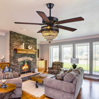 Kviflon 52 inches Crystal Ceiling Fan Fandelier with Lights ,Noiseless AC Motor, Retro/Farmhouse Lighting, Dining Room,Living Room