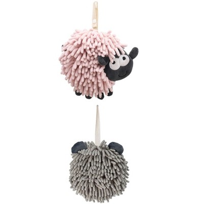 REGALWOVEN 2 Packs Cute Sheep Shape Absorbent Fast Drying Chenille Hand Towels with Hanging Loop 7" x 7"