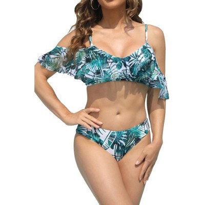 Women's High Waisted Swimsuits Two Piece Bathing Suits Ruffled Top With Ruched Full Coverage Bottom
