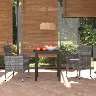 vidaXL 3 Piece Patio Dining Set with Cushions Poly Rattan Gray