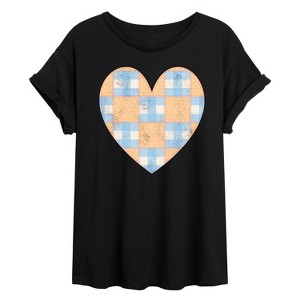 Women's - Instant Message - Patchwork Quilt Heart Oversized Graphic T-Shirt - 1 of 4