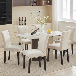 Dining Chairs Set of 6, Upholstered Parsons Diner Room Chair Sets, Linen Fabric Accent Chairs with Nailhead Trim and Padded Cushion - 1 of 4