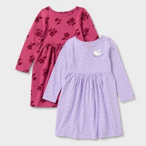 Toddler Girls' 2pk Adaptive Long Sleeve Swan and Floral Printed Dress - Cat & Jack™ Berry Pink/Purple - 1 of 4