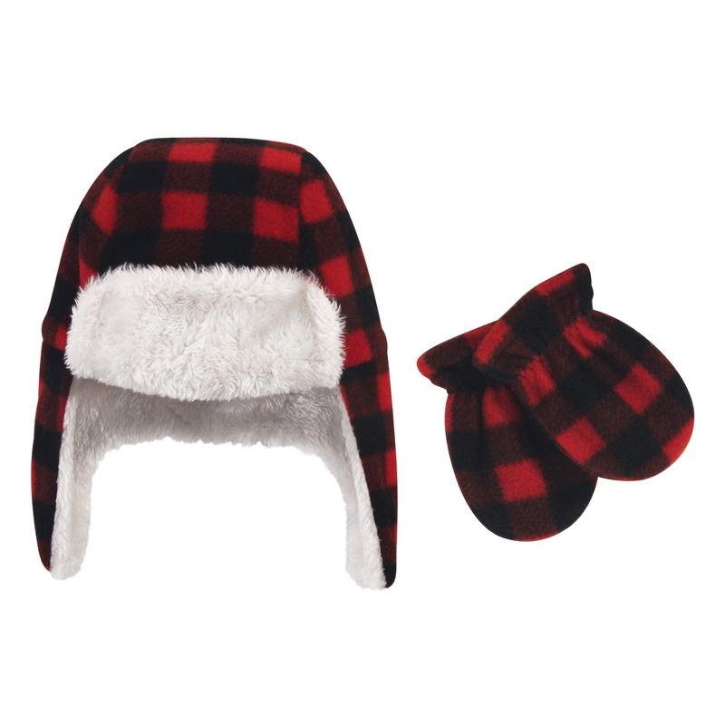 Hudson Baby Infant and Toddler Fleece Trapper Hat and Mitten 2pc Set, Black Red Plaid, 1 of 5