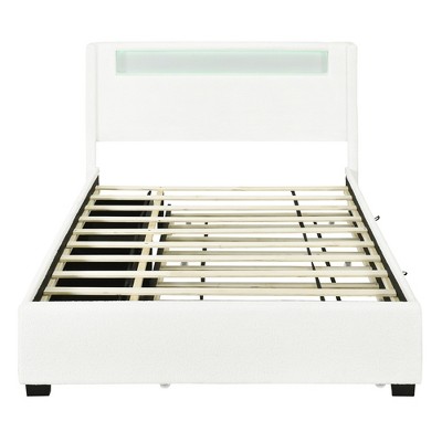 HomeRoots White Tufted Boucle Lighted Full Bed Frame With Trundle And USB And Drawers