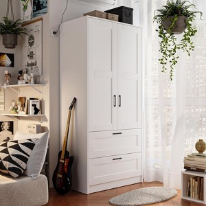Wooden Armoire Wardrobe Closet with 2 Drawers, 70 "Tall Clothing Storage Cabinet with 2 Doors, Modern Bedroom Clothing Armoires with Hanging Rods - 1 of 4