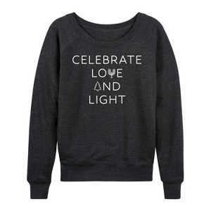 Women's - Instant Message - Celebrate Love And Light Lightweight French Terry Wide Neck Long Sleeve Graphic Shirt - 1 of 4