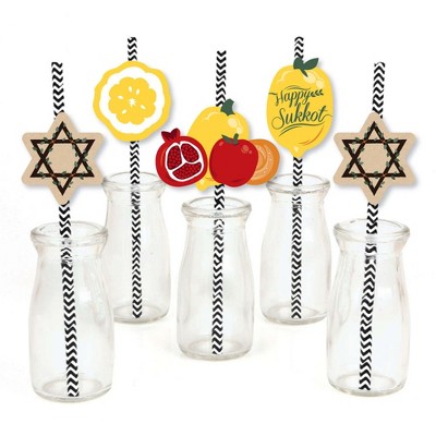 Big Dot of Happiness Sukkot - Paper Straw Decor - Sukkah Striped Decorative Straws - Set of 24