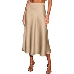 Women's Satin Midi Skirt - Flowy High Waist A-Line for Cocktail, Wedding & Vacation Outfits Beige - 1 of 4