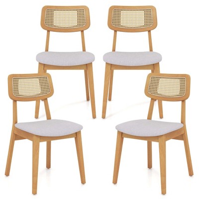 Costway Wooden Rattan Dining Chair Set of 2/4 with Can Back Rubber Wood Frame Padded Seat