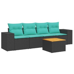 vidaXL 5 Piece Patio Sofa Set with Cushions Black and Blue Poly Rattan - 1 of 4