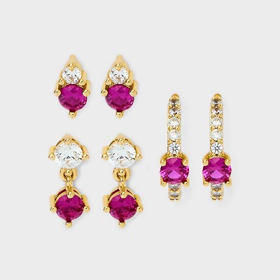 14K Gold Dipped Cubic Zirconia Stud and Hoop Earring Set 3pc