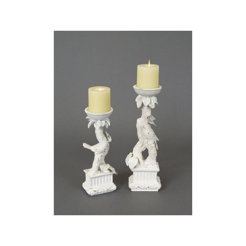 Melrose Set of 2 Snow Drift Distressed White Bird Pedestal Pillar Candle Holders 15", 1 of 2