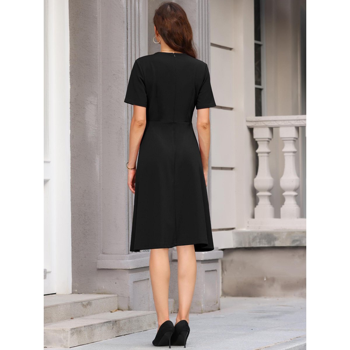 Женские платья INSPIRE CHIC Women's Tweed Trim Pockets V Neck Short Sleeve A-Line Midi Dresses Black Small — фото 5
