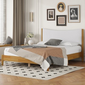 GDFStudio Tracy Modern Queen Size Rubber Wooden Bed with Teddy Velvet Cushion Upholstered Headboard - 1 of 4
