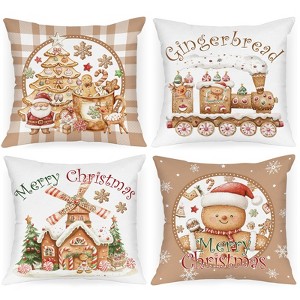 Christmas Throw Pillow Covers 18x18 Set of 4, Gingerbread Man House Pillow Cover, Brown - 1 of 4