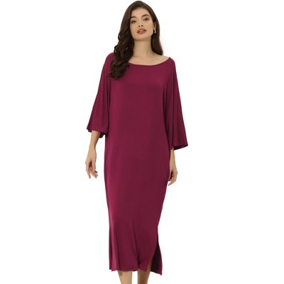 cheibear Women's Soft Three Quarter Sleeve Solid Slit Hem Pajama Dress