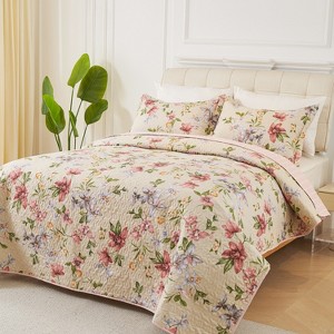 French Country Floral Cotton Bedding Set – 3 Piece Full Size Quilt Cover & Pillowcase with Fresh Elegant Blooming Flowers Pattern - 1 of 4