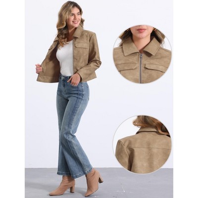 Allegra K Women's Faux Leather Zip Up Long Sleeve Vintage Moto Biker Jackets X-Large Tan — фото 2
