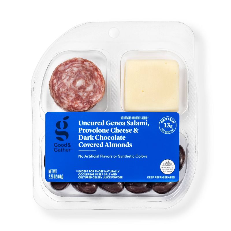 Uncured Genoa Salami, Provolone Cheese and Dark Chocolate Covered Almonds Snacker - 2.25oz - Good &#38; Gather&#8482;, 1 of 4