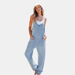 Women's Denim U-Neck Sleeveless Tapered Jumpsuit - Cupshe - 1 of 4
