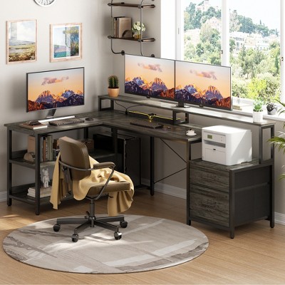 Aheaplus L-Shaped Computer Desk with Drawers and Monitor Shelf