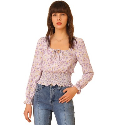 INSPIRE CHIC Women's Tie Neck Smocked Chiffon Floral Blouse