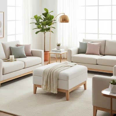 Homy Casa Upholstered Storage Ottoman with Reversible Tray Top, Wood Base Coffee Table, Ivory+Natural Legs