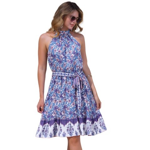 Женские платья INSPIRE CHIC Women's Floral Boho Summer Beach Belted Halter Neck Sleeveless Dress Blue Purple Large