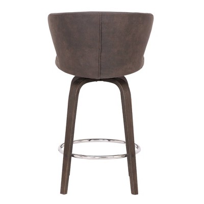 26" Brown Faux Leather Swivel Bar Stool with Wood Base