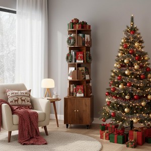 Homy Casa 360° Rotating Bookshelf with Storage Cabinet, Space-Saving Wooden Bookcase on Wheels, Walnut - 1 of 4