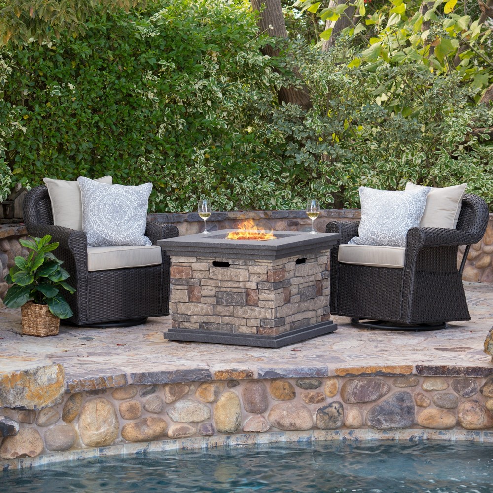 Acadia 3pc Wicker Rocker and MGO Gas Firepit Set - Dark Brown - Christopher Knight Home