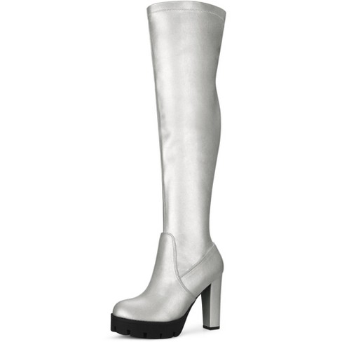 Silver knee high platform boots sale